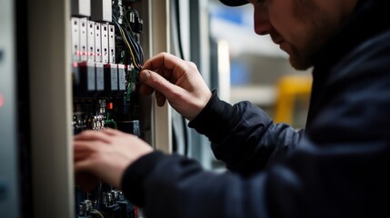 An intimate portrait of an electrician wiring electrical panels in a data center construction project, Data center electrical installation scene, Technical and focused style