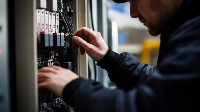 An intimate portrait of an electrician wiring electrical panels in a data center construction project, Data center electrical installation scene, Technical and focused style