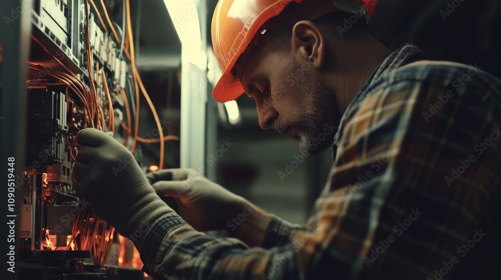 Poster an intimate portrait of an electrician wiring electrical panels in a factory expansion project, fact