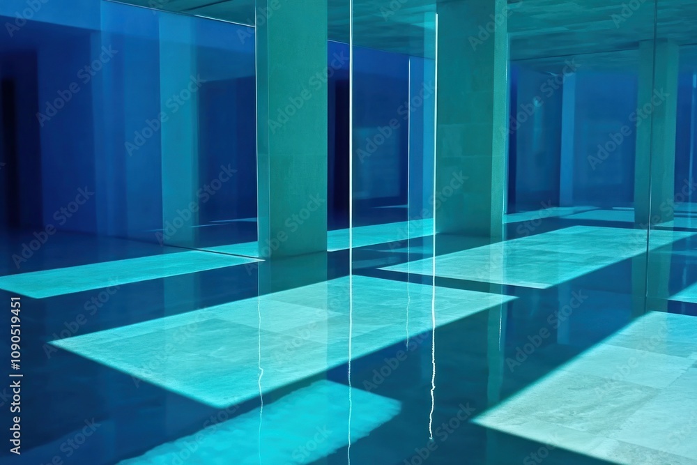 Aufkleber a serene interior space with blue tones and reflections, creating a calming atmosphere.