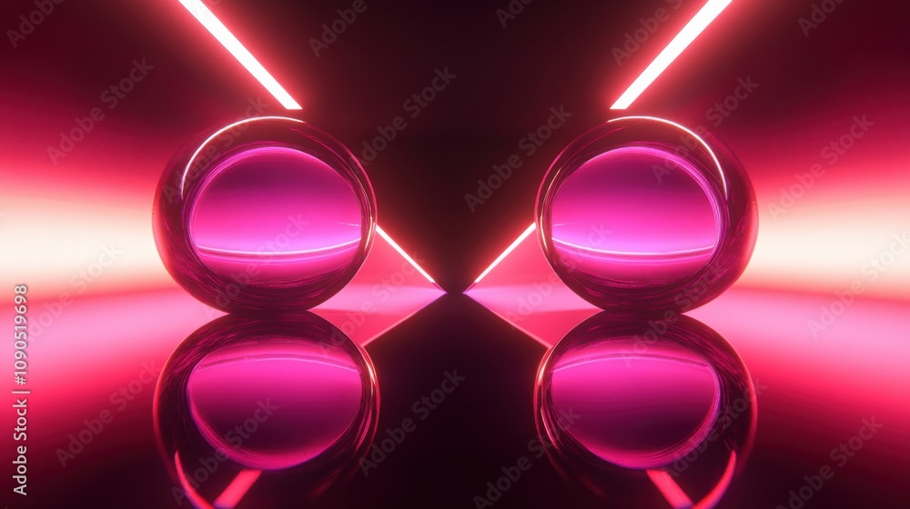 Poster futuristic abstract scene with glowing neon lights, reflective spheres, and vibrant colors creating 