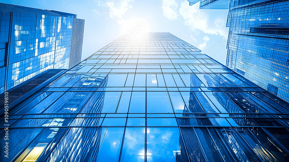 Poster a low angle view of a tall glass building with the sky reflected in its windows