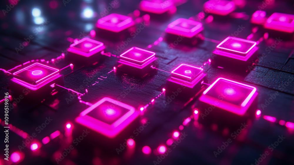 Aufkleber bright pink lights illuminate a dark background, highlighting a complex circuitry design made of int