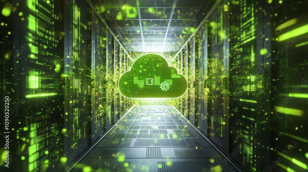 Poster A digital corridor with a glowing cloud symbolizing data storage and technology.