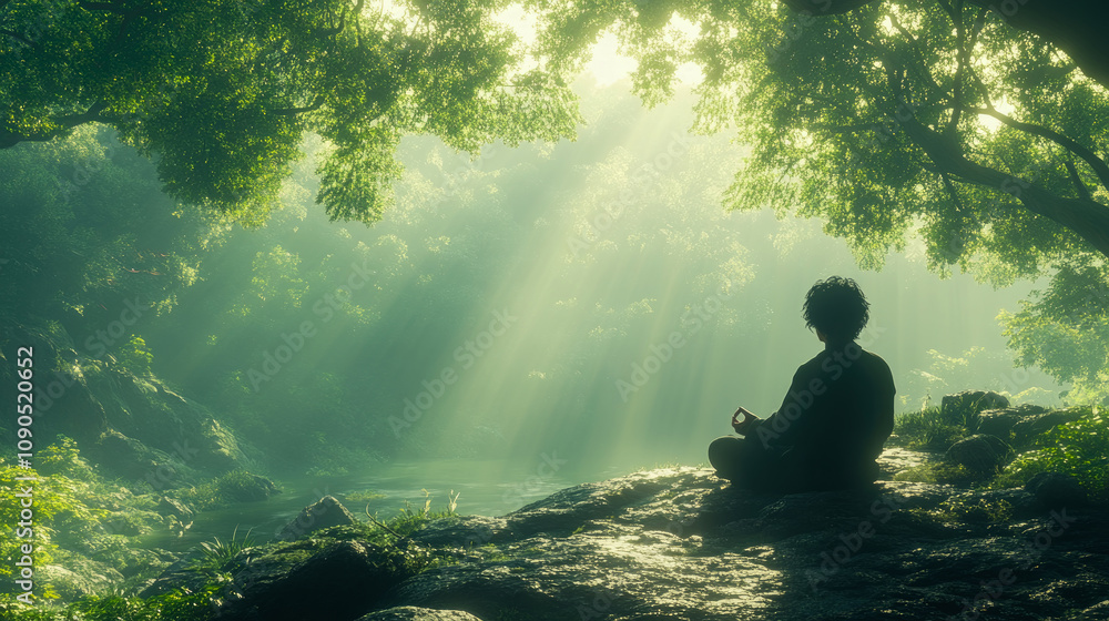 Poster a person practices meditation on a rocky surface in a tranquil forest, surrounded by lush greenery a