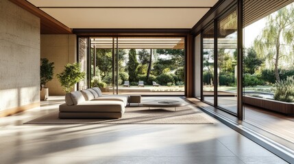 Fototapeta premium A modern living room featuring a spacious and airy design with large glass windows and minimalistic furniture.