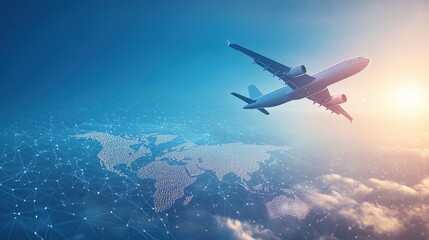 Fototapeta premium Bustling logistics warehouse with container cargo transportation, airplane in flight overlaying a world map logistics network, global connectivity, movement, and modern transportation solutions.