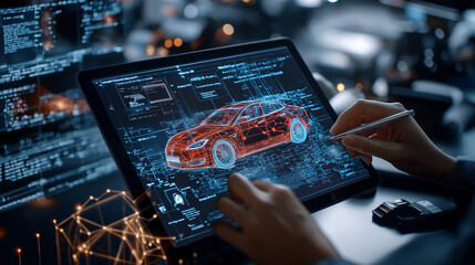 Business professional analyzing electric vehicle design on tablet