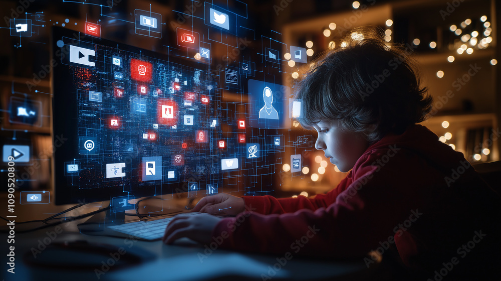 Poster child interacting with digital media on computer screen, focused and engaged