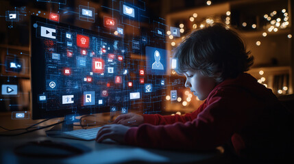 child interacting with digital media on computer screen, focused and engaged