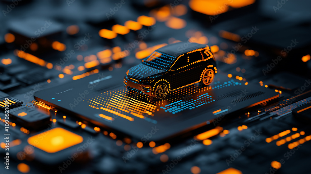 Poster digital car model on circuit board with glowing elements