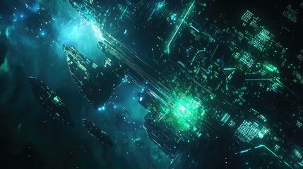 Futuristic Spaceships Navigate Glowing Nebula, Exploring Digital Cosmos with Advanced Technology.