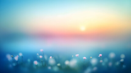 Fototapeta premium Abstract Blurred Background with Soft Pastel Colors and Delicate Flowers in the Foreground, Creating a Dreamy and Serene Atmosphere.