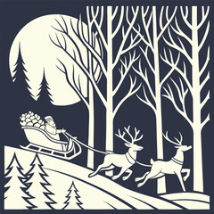 Santa and Reindeer Delivering Gifts in a Moonlit Forest