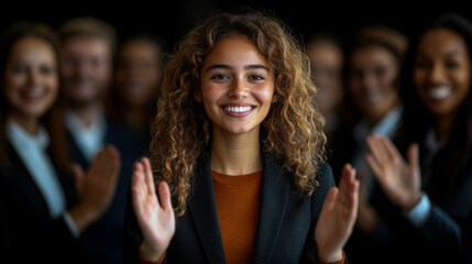 Obraz premium A woman with curly hair smiles confidently while receiving applause from a group of well-dressed professionals in a corporate gathering