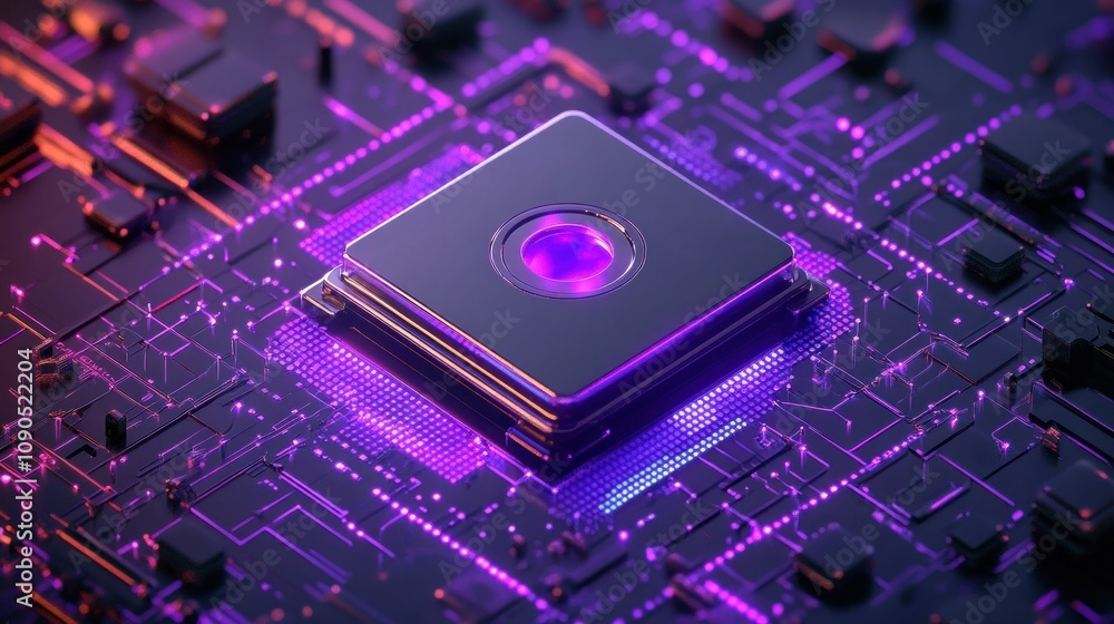 Poster a futuristic microprocessor on a circuit board with vibrant purple lighting.