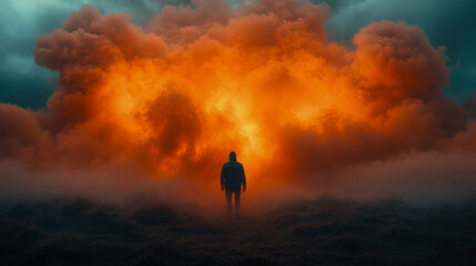 Fototapeta premium A lone figure is silhouetted in front of a vibrant explosion, surrounded by dense smoke and a moody sky, creating an intense and captivating atmosphere
