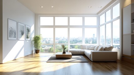 Fototapeta premium Bright and airy modern living room with large windows and a cozy sofa.