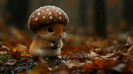 Fototapeta premium A small creature stands amid colorful autumn leaves wearing a mushroom cap, creating an adorable and whimsical atmosphere in a misty forest