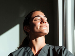 Fototapeta premium Woman in Medical Scrubs Standing Confidently by Hospital Window 