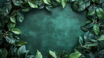 Floral banner with lush green leaves framing a deep green backdrop, ideal for greeting cards for weddings or spring celebrations, featuring space for personalized text.