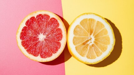 Sliced lemon and grapefruit arranged on a vibrant pink and yellow background, highlighting a colorful summer-inspired palette.