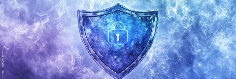 Poster A glowing shield with a padlock symbol, representing security and protection.
