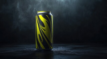 Vibrant energy drink can mockup with striking yellow and black swirl design illuminated against a dark, misty background.