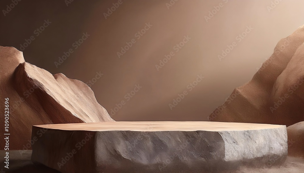 Poster a minimalistic scene featuring a stone platform surrounded by textured rocks, illuminated by soft li