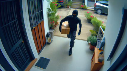 Package theft incident residential area security footage suburban environment close-up viewpoint crime awareness