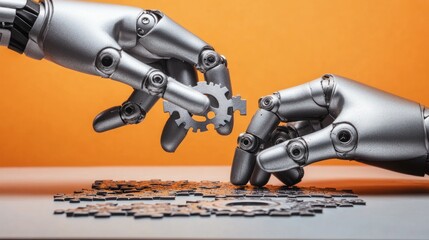 Obraz premium Two robotic hands assembling intricate gear puzzle
