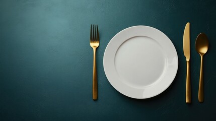 Elegant table setting with golden cutlery and a pristine white porcelain plate, featuring an empty plate mockup and stylish party menu template in a flat lay view.