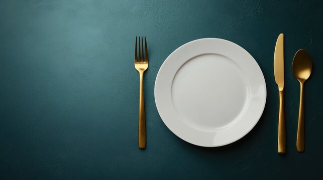 Elegant table setting with golden cutlery and a pristine white porcelain plate, featuring an empty plate mockup and stylish party menu template in a flat lay view.