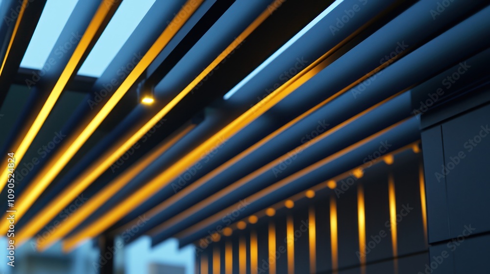 Poster a modern architectural feature with illuminated slats creating a warm ambiance.