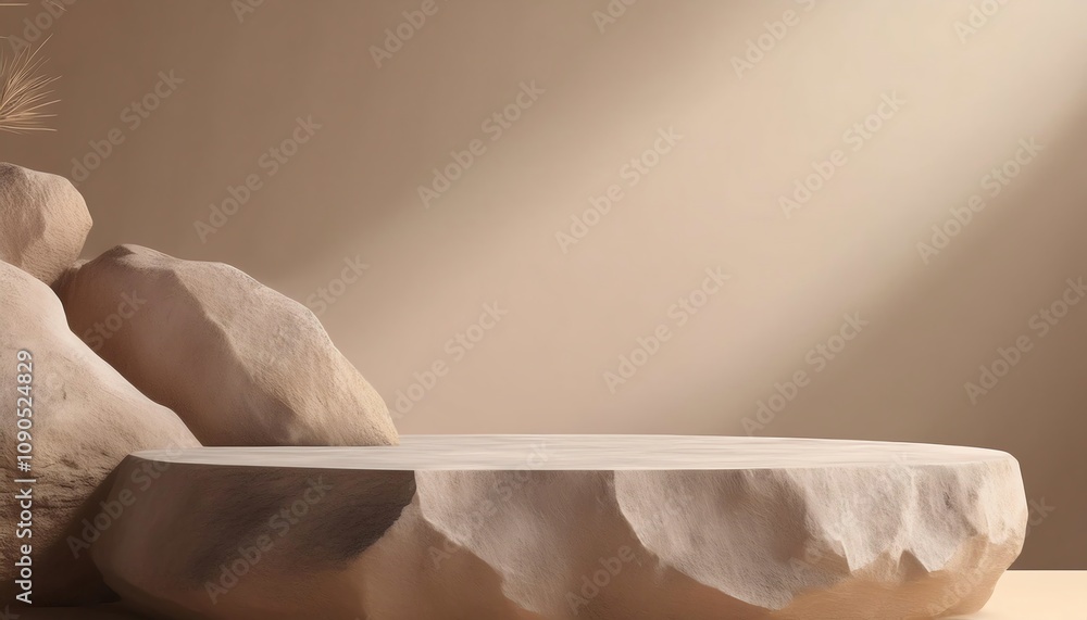 Poster a serene, minimalist scene featuring a smooth stone platform surrounded by natural rocks and soft li