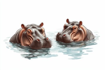 Fototapeta premium Two hippos partially submerged in water.