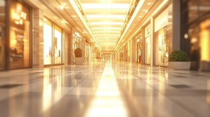 A bright, spacious shopping mall corridor with elegant storefronts and polished floors.