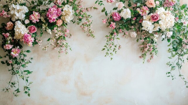 Elegant floral photography backdrop adorned with soft pink, white, and green blooms, set against a vintage wall, perfect for maternity and wedding sessions.