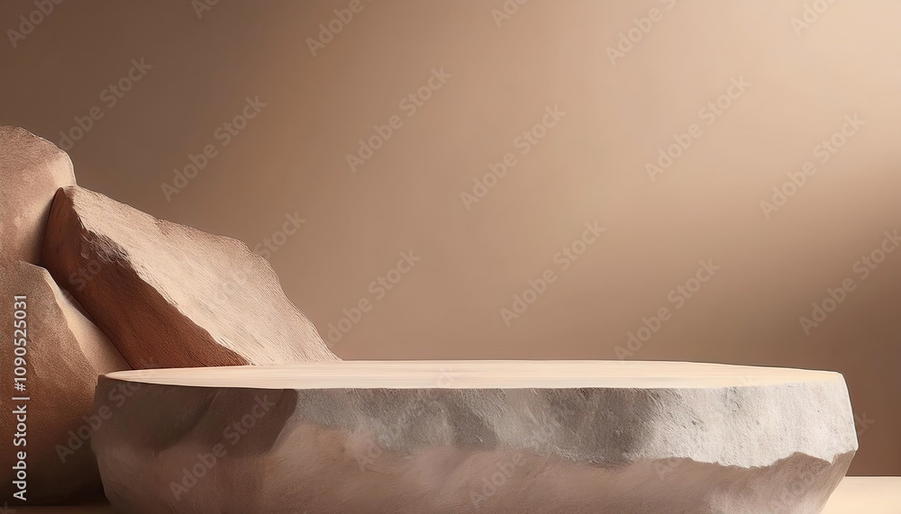 Poster a simple, elegant stone bowl sits on a smooth surface, complemented by a textured rock in the backgr