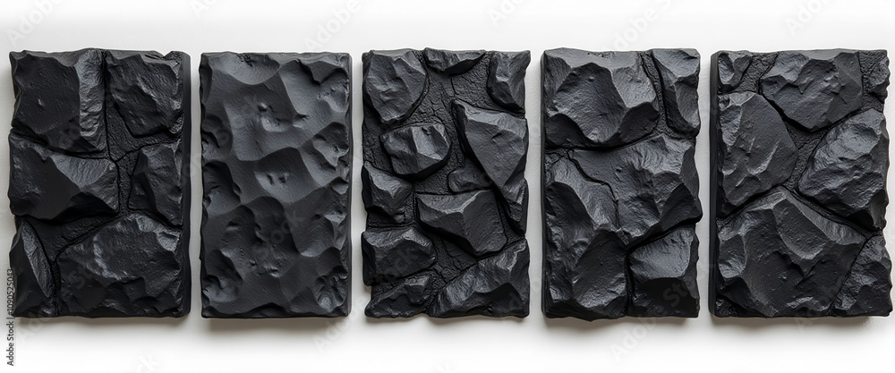 Poster three black squares made of rocks. the squares are different sizes and shapes. the squares are made 