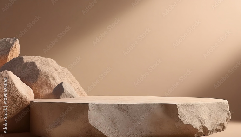 Poster a minimalist composition featuring a flat stone platform surrounded by textured rocks, illuminated b