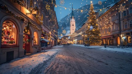 Obraz premium Snowy street decorated for Christmas with lights and a tree.