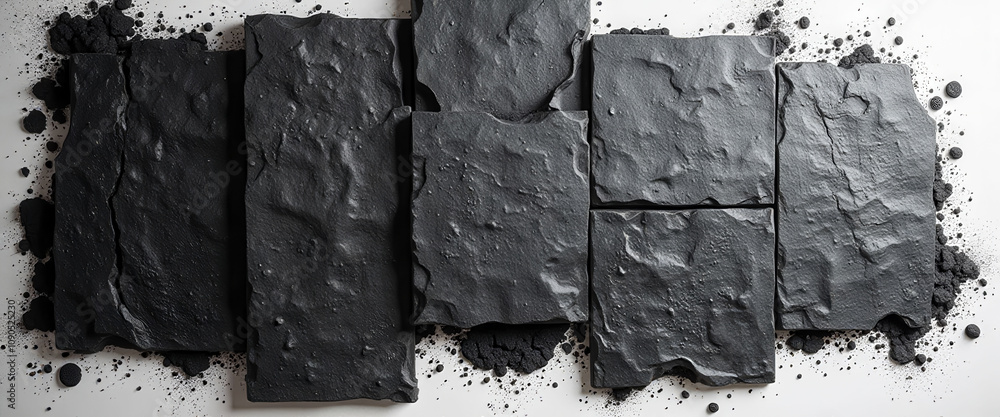 Poster three black squares made of rocks. the squares are different sizes and shapes. the squares are made 