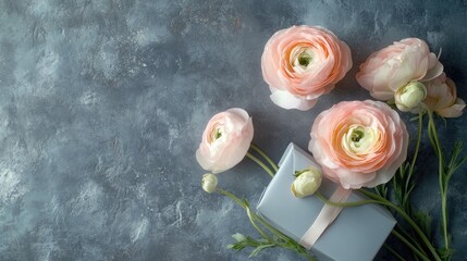 Delicate pastel Ranunculus flowers arranged beside a gift box on a textured gray stone surface, ideal for greeting cards with space for personal messages.