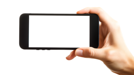 Hands, gripping a blank white screen mobile phone, presenting a blank white screen mobile phone on transparent background 