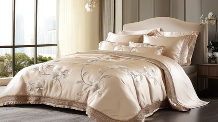 Luxurious silk bedding set adorned with delicate floral embroidery and a soft sheen, creating an elegant and sophisticated bedroom ambiance.