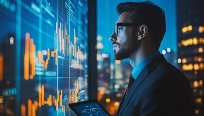 A businessman focused on financial growth charts on a tablet, in a corporate office setting during evening hours, with a city skyline visible through large windows