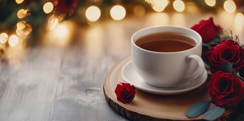 Fototapeta premium Cozy nights: A romantic, intimate tea moment in warm tones, perfect for evoking comfort and connection.