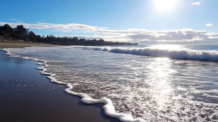 Fototapeta premium Gentle foamy waves kiss the sandy shore, glistening under the bright sunlight with a clear blue sky in the background.