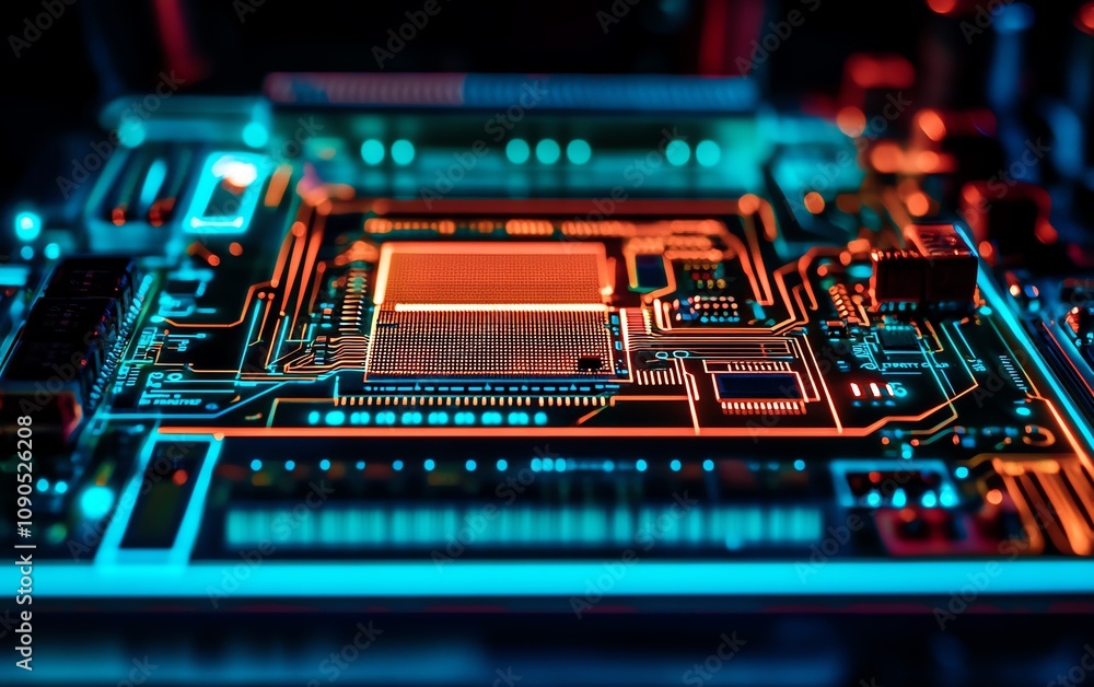 Poster a closeup of a modern circuit board bathed in neon red and blue lights, set against the backdrop of 